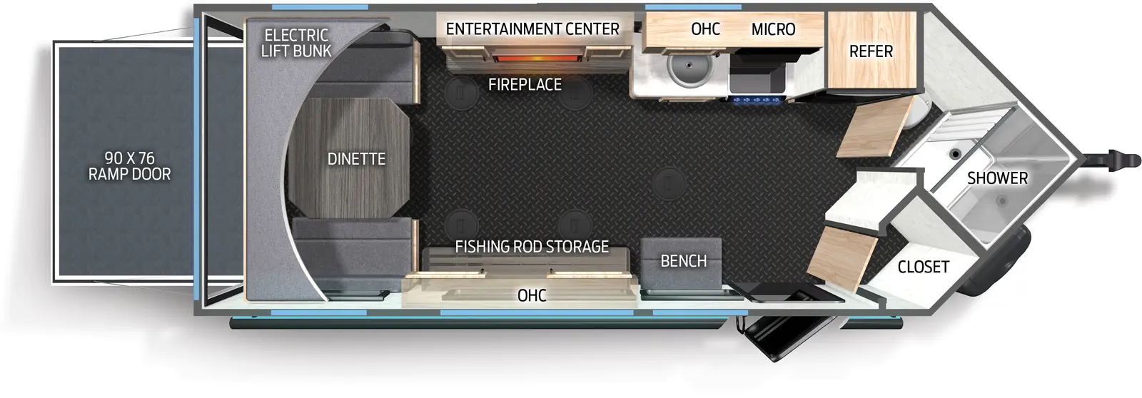 The Grey Wolf 17TH floorplan is a toy hauler that has one entry and zero slide outs. Exterior features include: metal exterior and 14' awning. 